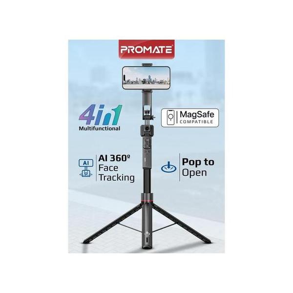 Promate TriPop-Ai 360° Ai Face Tracking Telescopic Selfie Stick with Auto Pop open Tripod Base