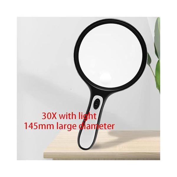 Magnifying 30X Handheld Magnifying Glass with 4 LED Light, Illuminated Lighted Magnifier,145mm Large Reading Magnifier for Macular Degeneration, Seniors Reading, Soldering, Ins Black Glasses loupe