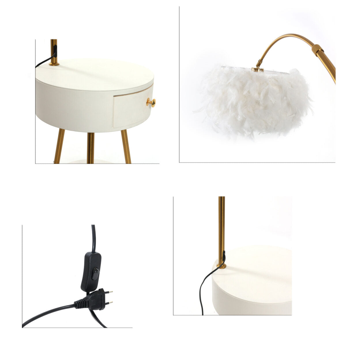 Modern End Table Feather Arched Floor Lamp with Shelves and Drawer for Living Room, Bedroom - Medaid International