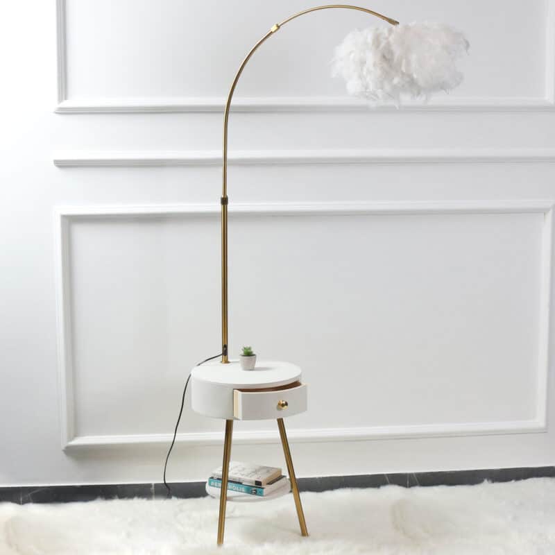 Modern End Table Feather Arched Floor Lamp with Shelves and Drawer for Living Room, Bedroom - Medaid International