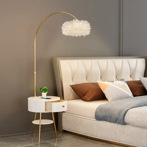 Modern End Table Feather Arched Floor Lamp with Shelves and Drawer for Living Room, Bedroom - Medaid International