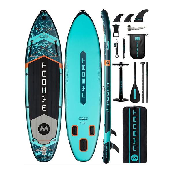 MYBOAT 11.6×34×6 Extra Wide Inflatable Paddle Board Military Grade Kayak, Stand Up Paddle Board for Fishing, Sup Board with 3 Removable Fins, Dual Bungees, Camera Mount, Hand Pump, Strong Paddle, 5L Dry Bag, Leash