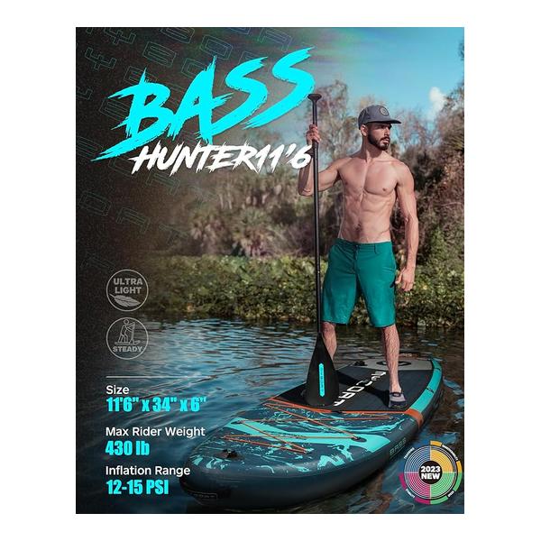 MYBOAT 11.6×34×6 Extra Wide Inflatable Paddle Board Military Grade Kayak, Stand Up Paddle Board for Fishing, Sup Board with 3 Removable Fins, Dual Bungees, Camera Mount, Hand Pump, Strong Paddle, 5L Dry Bag, Leash