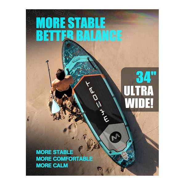 MYBOAT 11.6×34×6 Extra Wide Inflatable Paddle Board Military Grade Kayak, Stand Up Paddle Board for Fishing, Sup Board with 3 Removable Fins, Dual Bungees, Camera Mount, Hand Pump, Strong Paddle, 5L Dry Bag, Leash
