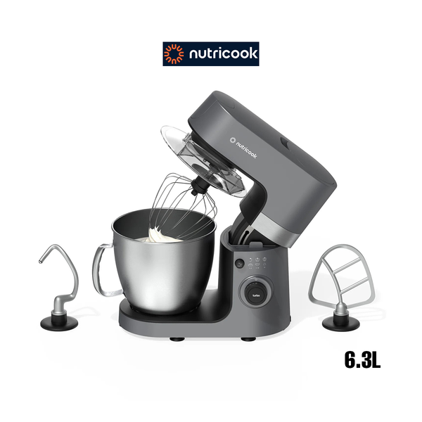 Nutricook Kitchen Stand Mixer 6.3L, 1300W DC Motor with 10 Speed, SS Bowl, Ceramic Dough Hook, Beater, Whisk, Planetary Action, Pulse Mode, Tilt-Head Design & Anti-Splash Lid,Grey, NCSM330