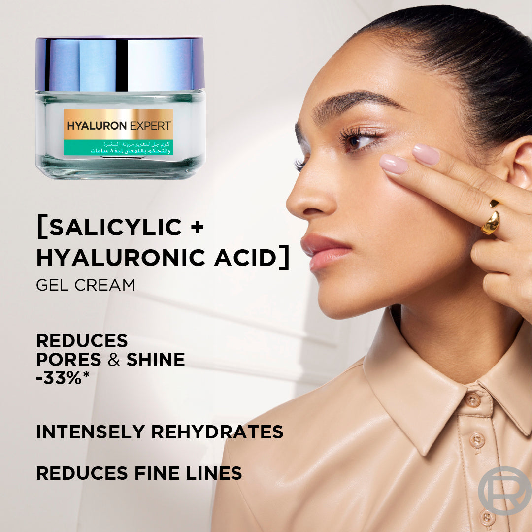 L’Oréal Paris, Hyaluron Expert Oil and Shine Control Replumping Gel Cream, for Combination to Oily Skin, with Hyaluronic Acid and Salicylic Acid, 50ml