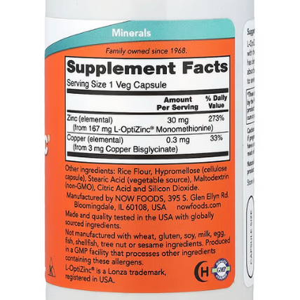 NOW Foods, L-OptiZinc®, 100 Veg Capsules