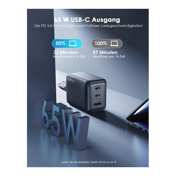 Oraimo HyperGaN 65W USB C Charger 3-Port GaN PD Charger with PPS, Fast Charger, OCW-7652E+116CC, Compatible with MacBook Pro, iPhones, iPad Pro, Samsung Galaxy