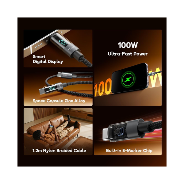 Oraimo OCD-175CC USB-C to USB-C Fast Charging Cable 100W 5A Charging & High-Speed Data Sync For USB-C Devices, Length 1.2M Nylon Braided Cable