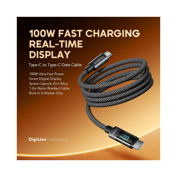 Oraimo OCD-175CC USB-C to USB-C Fast Charging Cable 100W 5A Charging & High-Speed Data Sync For USB-C Devices, Length 1.2M Nylon Braided Cable