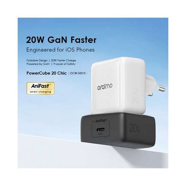 Oraimo PowerCube 20 Chic 20W GaN Wall Charger Kit with Type-C to Lightning Cable, OCW-5201E+CL55
