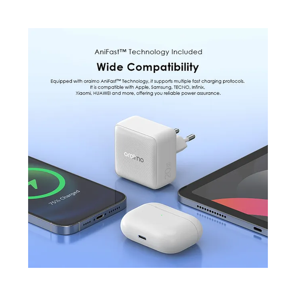 Oraimo PowerCube 20 Chic 20W GaN Wall Charger Kit with Type-C to Lightning Cable, OCW-5201E+CL55