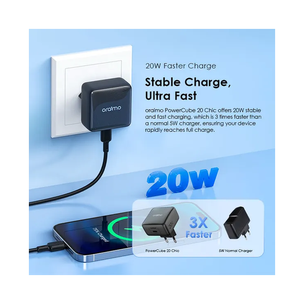 Oraimo PowerCube 20 Chic 20W GaN Wall Charger Kit with Type-C to Lightning Cable, OCW-5201E+CL55