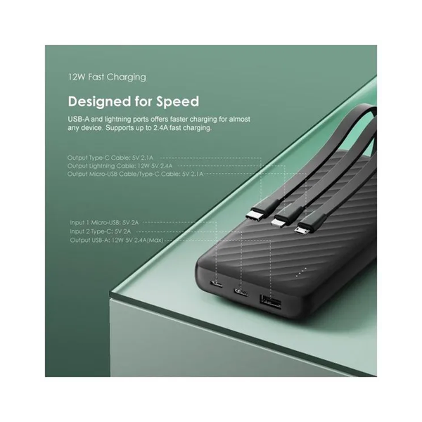 Oraimo Slice Link 10000mAh 12W Power Bank, with Lightning & Type-C & Micro-USB Cable, OPB-P5101