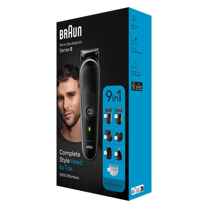 Braun 9-in-1 Style Kit 5 MGK5410 beard, body, ear&nose. With 100-min runtime
