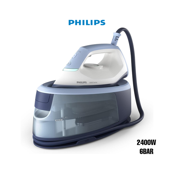 Versuni Philips 3000 Series Steam Iron Station, 2400 W, 120 g/min Continuous Steam, 350 g Steam Boost, Fast and Powerful, Vertical Steam, Ceramic Sole, Deep Azure