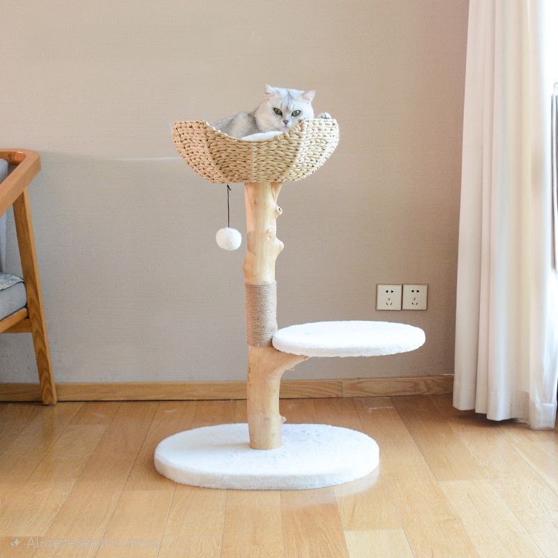 Natural Wood Cat Tree & Wicker Basket Bed – Rustic Scratching Post Tower with Cozy Perch