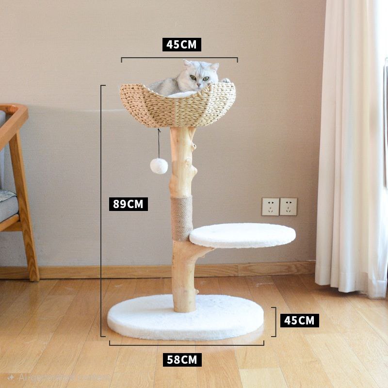 Natural Wood Cat Tree & Wicker Basket Bed – Rustic Scratching Post Tower with Cozy Perch