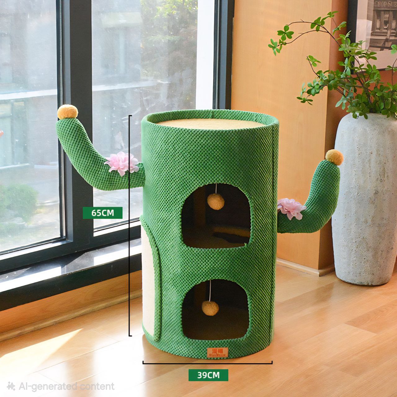 Unique Cactus Cat Tree & Scratcher – Two-Level Condo with Plush Perch & Sisal Post