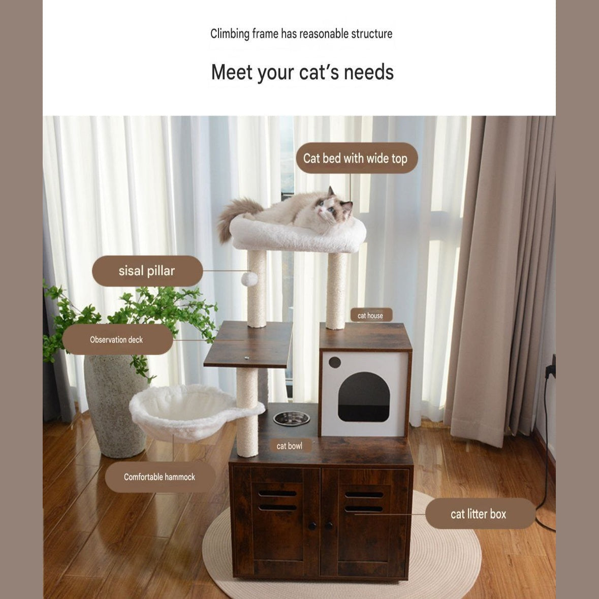 Multi-Functional Cat Litter Box Enclosure & Modern Cat Tree – Integrated Feeding Station, Condo & Scratcher
