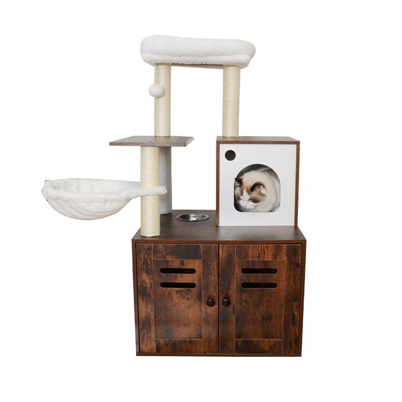 Multi-Functional Cat Litter Box Enclosure & Modern Cat Tree – Integrated Feeding Station, Condo & Scratcher