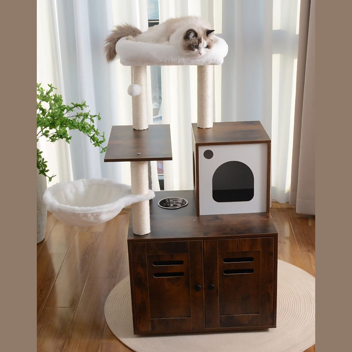 Multi-Functional Cat Litter Box Enclosure & Modern Cat Tree – Integrated Feeding Station, Condo & Scratcher