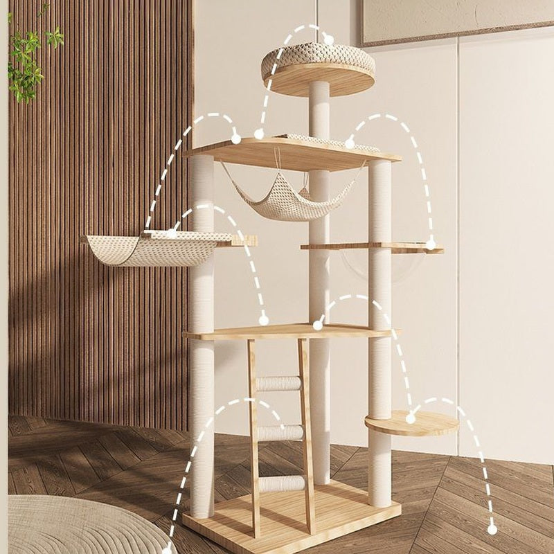 Premium Solid Wood Cat Tree Tower – Multi-Level Luxury Cat Condo with Space Bowl, Hammock & Ladder