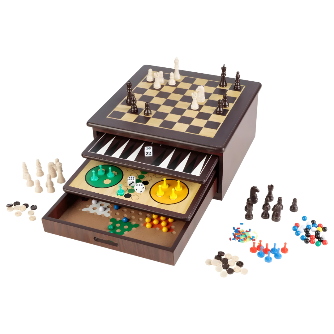 Playtive 10-in-1 Wooden Board Game Set – Chess, Ludo & More