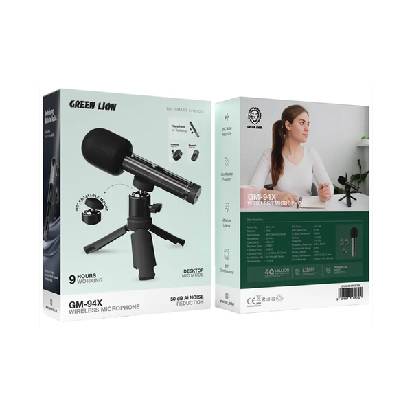 Green Lion GM-94X Wireless Microphone, 360° Omnidirectional, ANC Noise Reduction, Ultra-Low Latency, Magnetic Clip-on, 20m Wireless Range, Universal USB-C Handheld to Tabletop, Desktop Mic Mode, 50db Ai Noise Reduction, 9 Hours Working, GNGM94XMICBK