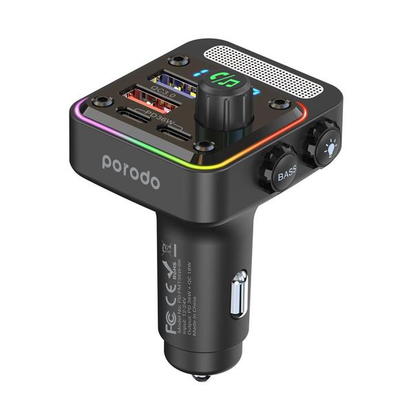 Porodo Quick-Charge FM Transmitter, Car Charger, Dual USB-C & USB-A, PD 36W, Built-in Microphone, PD-FMT36W-BK