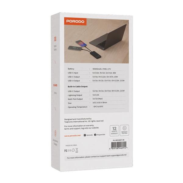 Porodo 10000mAh Powerbank Integrated Cable