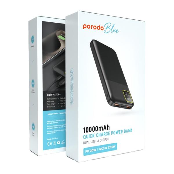 Porodo Blue 10000mAh/22.5W Quick Charge Power Bank Dual USB-A Output