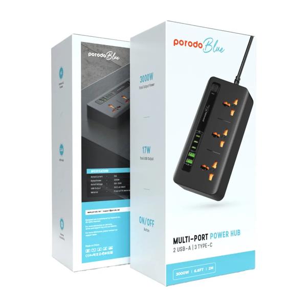 Porodo Blue 3 AC Power Socket With 2XUSB-A, 3XType-C 2M 3000W