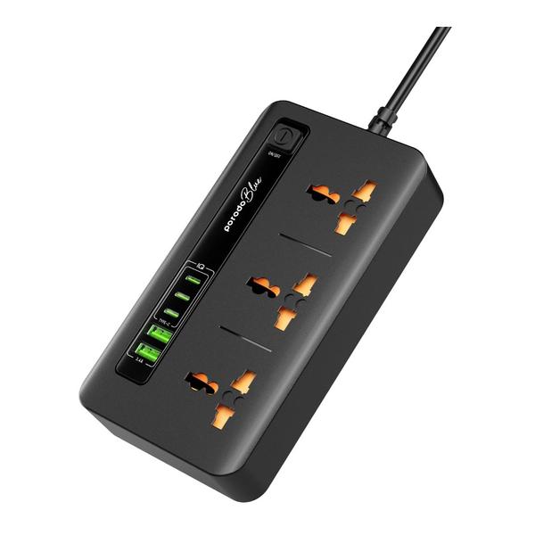 Porodo Blue 3 AC Power Socket With 2XUSB-A, 3XType-C 2M 3000W
