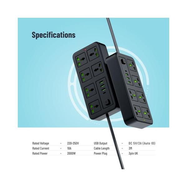 Porodo Blue 6 Universal Sockets Power Strip 3M