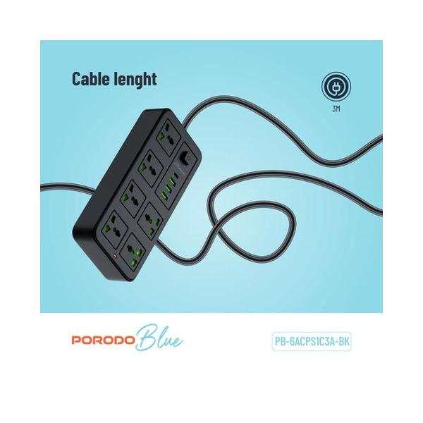 Porodo Blue 6 Universal Sockets Power Strip 3M