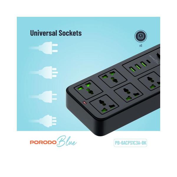 Porodo Blue 6 Universal Sockets Power Strip 3M