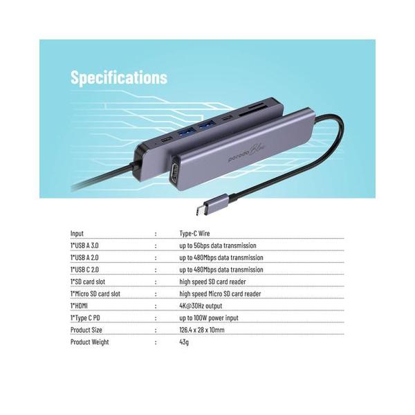 Porodo Blue 7 In 1 Hub HDMI 2XUSB-A 2XUSB-C SD MicroSD