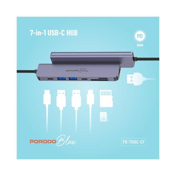 Porodo Blue 7 In 1 Hub HDMI 2XUSB-A 2XUSB-C SD MicroSD