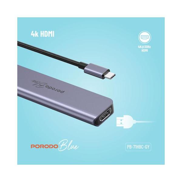 Porodo Blue 7 In 1 Hub HDMI 2XUSB-A 2XUSB-C SD MicroSD