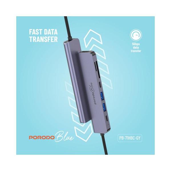 Porodo Blue 7 In 1 Hub HDMI 2XUSB-A 2XUSB-C SD MicroSD