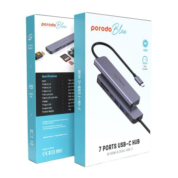 Porodo Blue 7 In 1 Hub HDMI 2XUSB-A 2XUSB-C SD MicroSD