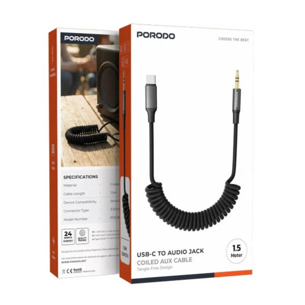 Porodo Coiled Aux to USB-C Audio Jack Cable with Tangle-Free Design