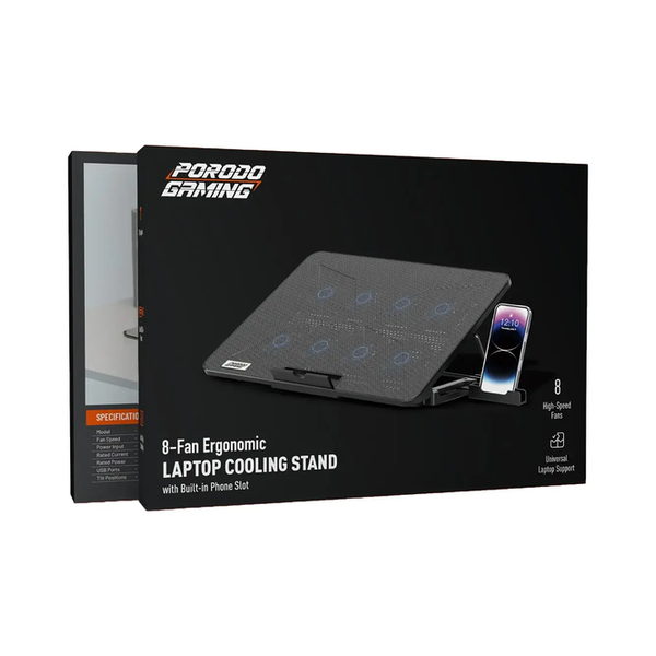 Porodo Gaming 8-Fan Ergonomic Laptop Cooling Stand with Built-In Phone Slot, PDXF5CPBK