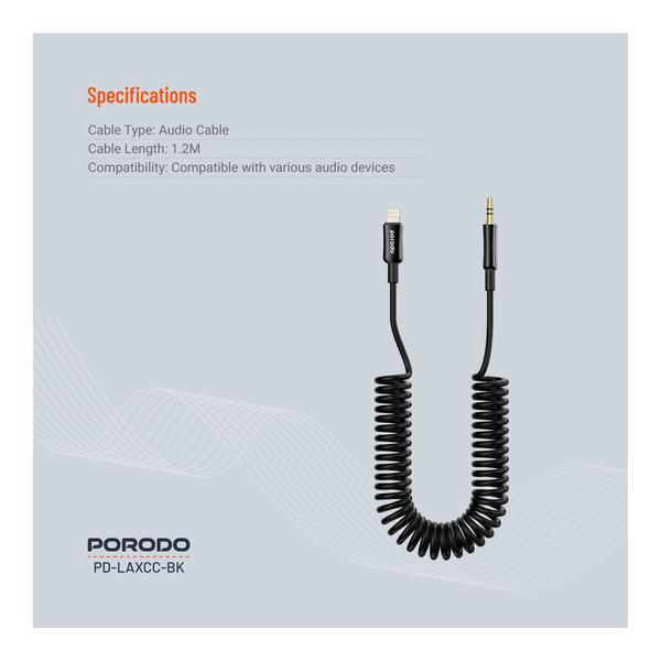 Porodo Lightning to AUX Coil Cable 1.2M, PD-LAXCC-BK