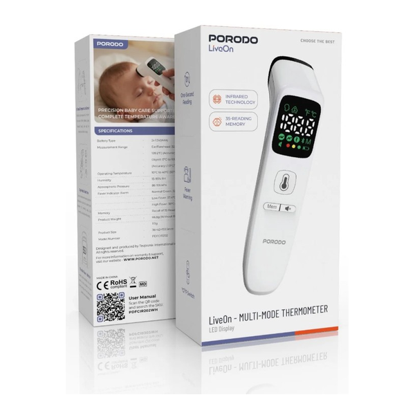 Porodo LivOon Multi-Mode Digital Infrared Thermometer with LED Display, PDFCIR202WH