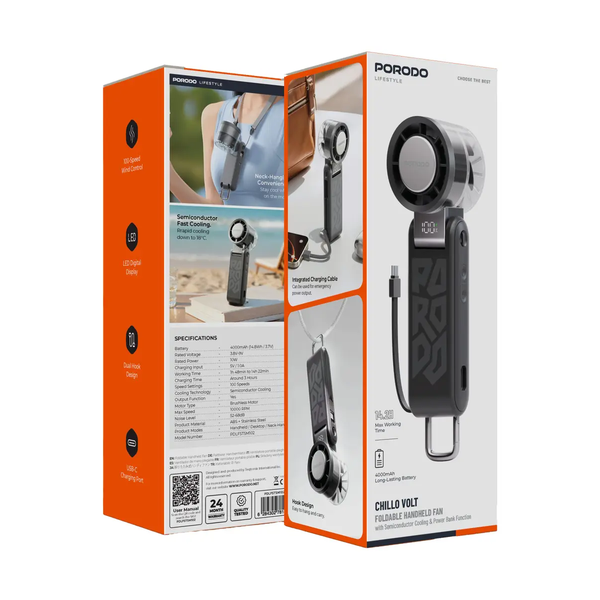 Porodo Lifestyle Chillo Volt Foldable Handheld Fan with Semiconductor Cooling & Power Bank Function