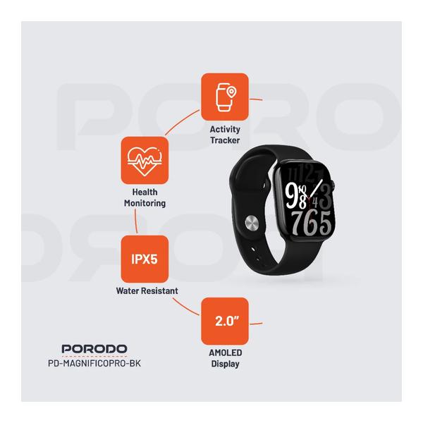 Porodo Magnifico Pro Smart Watch, Bluetooth Calling, 2.0" HD Display, 9.8mm Sim