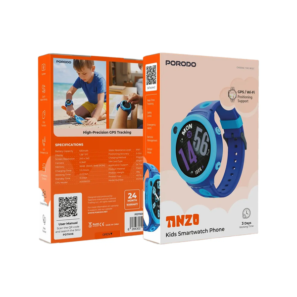 Porodo Tinzo Kids Smart Watch Phone, Nano SIM Support, Chat Function, SOS Emergency Call, Safety Zones, Remote Management, School Mode