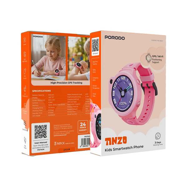 Porodo Tinzo Kids Smart Watch Phone, Nano SIM Support, Chat Function, SOS Emergency Call, Safety Zones, Remote Management, School Mode